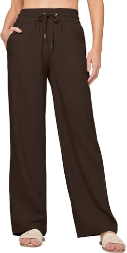 Vista 9 de Willit Pantalones de lino para mujer, pantalones palazzo de pierna ancha Khaki - Actualización