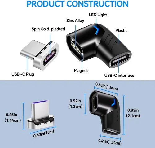 Vista 6 de Adaptador magnético USB C Ángel derecho + USB magnético tipo C recto 5 pines, compatible con PD 120 W carga rápida, transferencia de datos de 480
