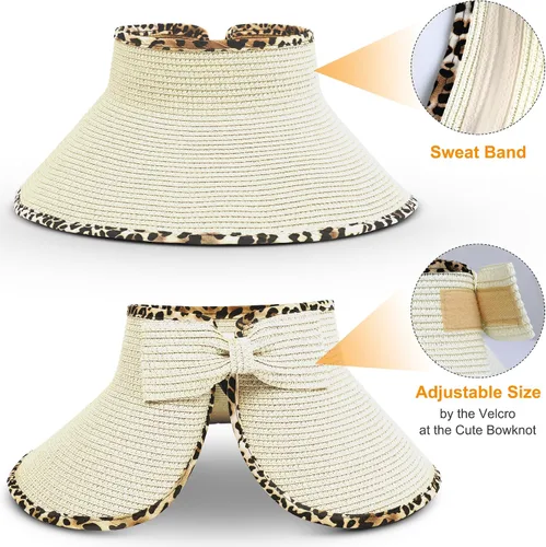 Vista 2 de Sombrero de paja con protección UV, visera de playa, sombrero de ala ancha, estampado de leopardo, enrollable, plegable para mujer