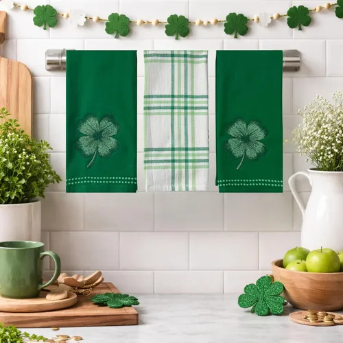 Vista 8 de Serafina Home Toallas de cocina de mano para invitados de baño irlandeses del día de San Patricio: suave y absorbente bordado, diseño de trébol