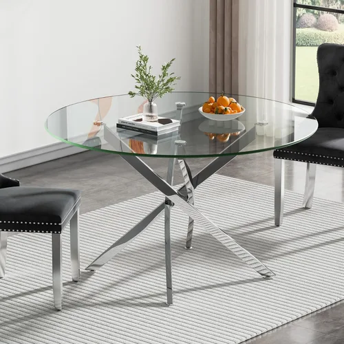 Vista 23 de SSLine - Mesa de comedor redonda moderna de cristal de 43.3 pulgadas para 4