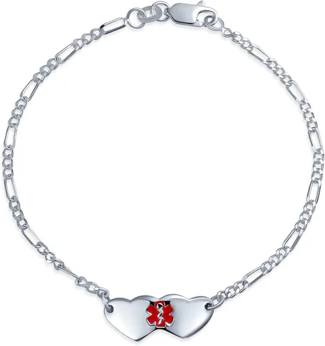 Vista 2 de Pulsera de identificación de alerta médica grabable con doble forma de corazón en blanco para mujeres y adolescentes, de plata de ley 925, muñeca