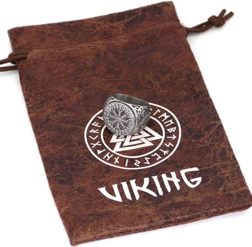 Vista 4 de GuoShuang Anillo de amuleto de runa de acero inoxidable con bolsa de regalo de runa de Valknut