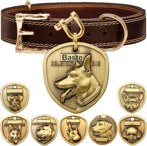 Vista 22 de Collar de cuero auténtico para perro + Juego de etiqueta para perro bulldog con relieve 3D (XS-S)