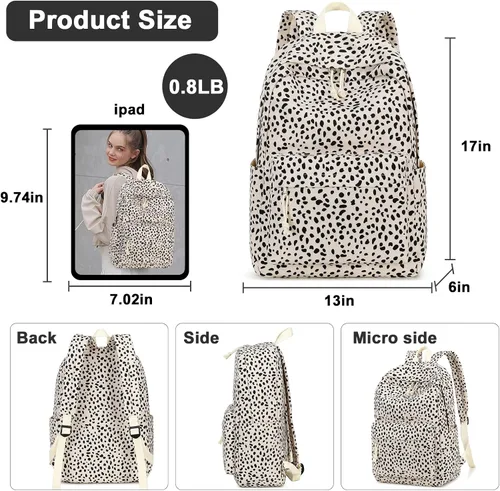Vista 3 de Mochila escolar para adolescentes, mochila grande de pana ligera, para niñas, niños, casual, escuela secundaria, universidad, Leopardo-albaricoque