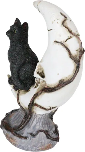Vista 5 de Ebros Gift Hora de brujas realista Halloween gato negro sentado en luna creciente calavera figura con ojos de cristal, brujas, Wicca, gatos felinos