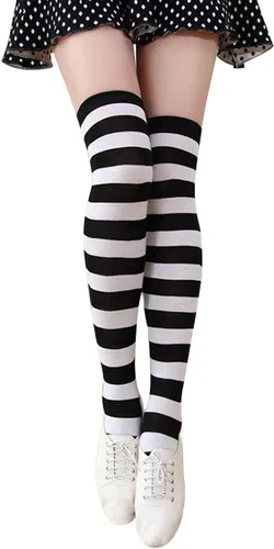 Vista 3 de Ayliss Calcetines a rayas por encima de la rodilla para muslo, calcetines largos para mujer, disfraz de cosplay y niñas, uso diario