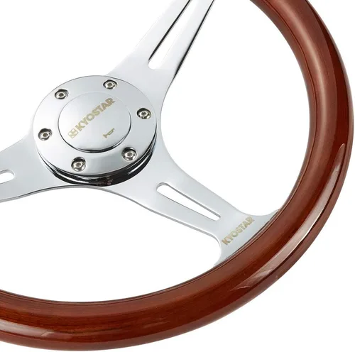 Vista 6 de Volante universal Kyostar de 14 pulgadas, estilo clásico y de nostalgia, de grano de madera, color plateado, con botón de bocina
