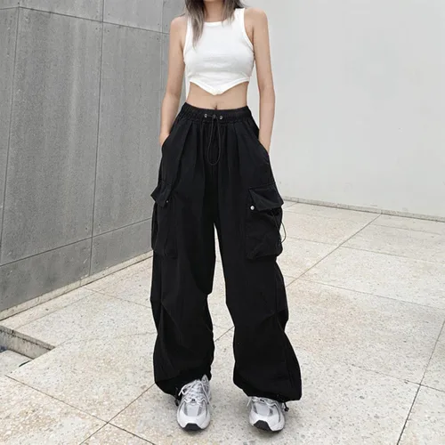 Vista 5 de E-Girl Streetwear - Pantalones cargo para mujer, estilo casual, estilo hip hop, holgados, Y2K, con bolsillo con solapa, ropa de calle E-Girl