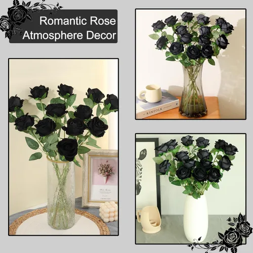 Vista 3 de 12 rosas artificiales de terciopelo sintético para decoración del hogar y boda (rosa perla, negro)
