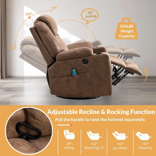 Vista 6 de Silla reclinable giratoria – Mecedora manual mecedora con masaje térmico ergonómico con 4 bolsillos, portavasos, puertos USB, control remoto (marrón)