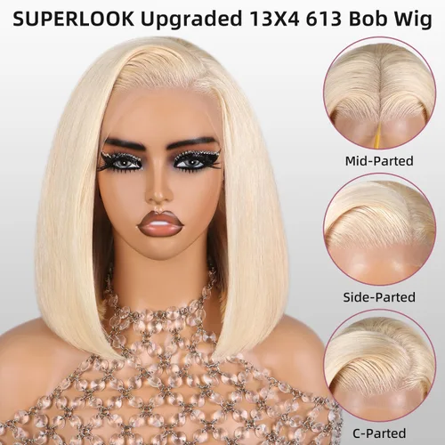 Vista 2 de Peluca de cabello humano rubio estilo Bob de 13 x 4 con encaje frontal, peluca Bob de 10 pulgadas 613 Lace Front Wig Human Hair Pre Plucked With