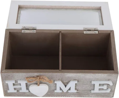 Vista 6 de Organizador de bolsas de té de madera, caja de té decorativa de madera, organizador de madera antigua con compartimentos y parte superior de ventana