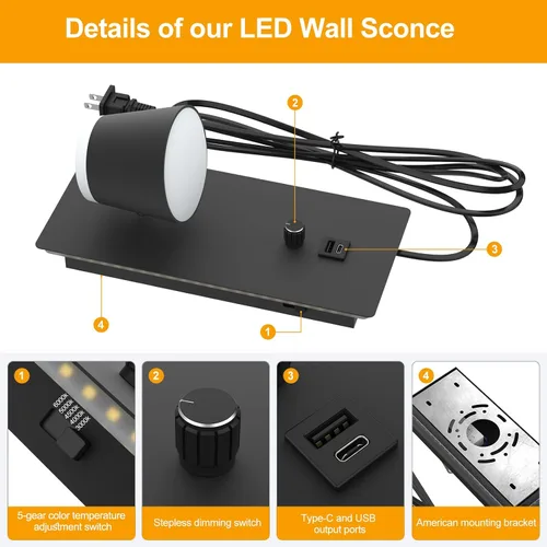 Vista 4 de Sytmhoe Aplique de pared LED con interruptor de atenuación, moderna lámpara de pared regulable con puerto USB + tipo C, iluminación montada