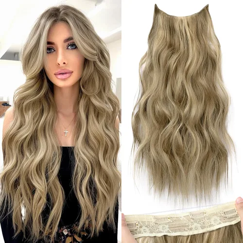 Vista 58 de KooKaStyle - Extensiones de cabello con hilo invisible, diadema transparente, ajustables, 4 clips fijadores, cabello largo y ondulado de 12