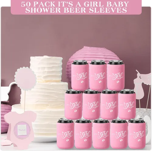 Vista 7 de Mifoci 50 piezas de decoraciones de baby shower, fundas de cerveza rosas para revelación de género, fundas para latas de fiesta para baby shower