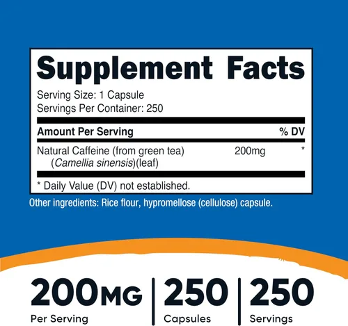 Vista 2 de Nutricost - Cafeína Natural 200 mg, 250 cápsulas vegetarianas - Sin gluten, sin OMG Sin OGM