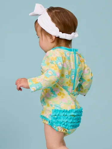Vista 5 de RuffleButts - Traje de baño de una pieza con protección solar UPF 50+, camiseta de protección floral estampado, manga larga, con cierre zipper