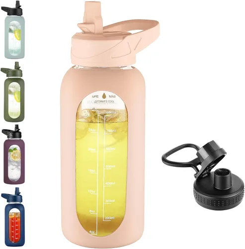 Vista 12 de EALGRO Botella de agua de vidrio de 32 onzas con popote y asa, frasco de agua motivacional deportivo con funda de silicona, taza grande a prueba