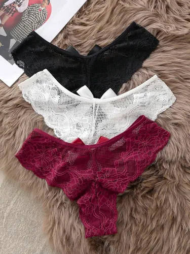 Vista 2 de MakeMeChic Conjunto de 3 piezas de bragas de encaje con lazo en la parte trasera para mujer, ropa interior transparente
