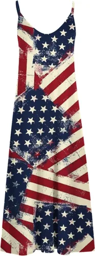 Vista 5 de Ceboyel Vestido largo sexy para mujer, para el 4 de julio, vestido largo y sexy, con bandera americana, sin mangas, vestidos casuales patrióticos