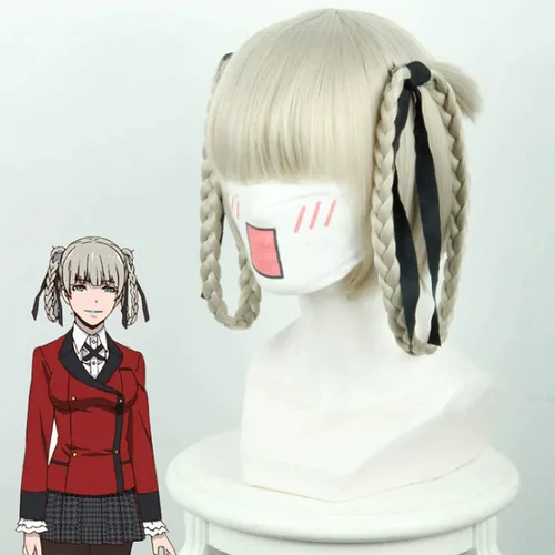 Vista 3 de Anime japonés Kakegurui Kirari Momobami 13.8in corto Pelucas gris Trenzas estilo clip en Cosplay peluca+peluca casquillo