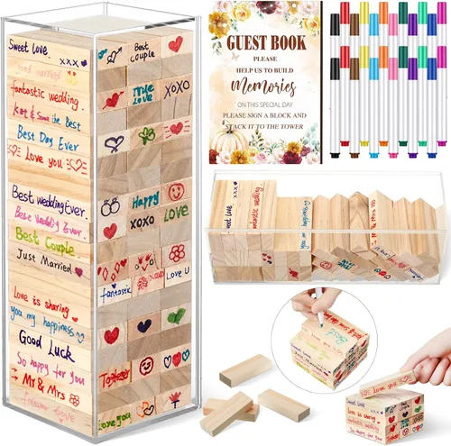 Vista 10 de Beeveer 80 piezas Libro de invitados para boda alternativo en bloque de madera para cartel de boda, decoración de despedida de soltera, 54 piezas