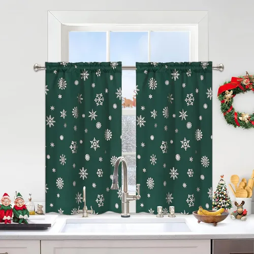 Vista 15 de FRAMICS Cortinas de Navidad con estampado de copos de nieve dorados en papel de aluminio, cortinas opacas con aislamiento térmico para sala de estar