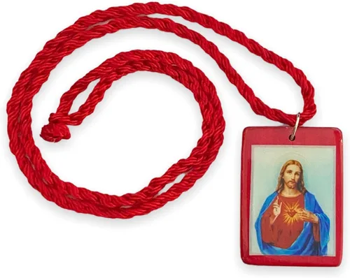 Vista 2 de Sagrado Corazón de Jesús Escapulario de Madera Roja Collar Escapulario Rojo Madera Sagrado Corazon de Jesús, Madera, No es una piedra preciosa