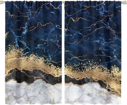 Vista 80 de Cortinas abstractas de mármol de lujo de lujo azul marino dorado a rayas con patrón de mármol estampado para dormitorio, sala de estar, cortinas
