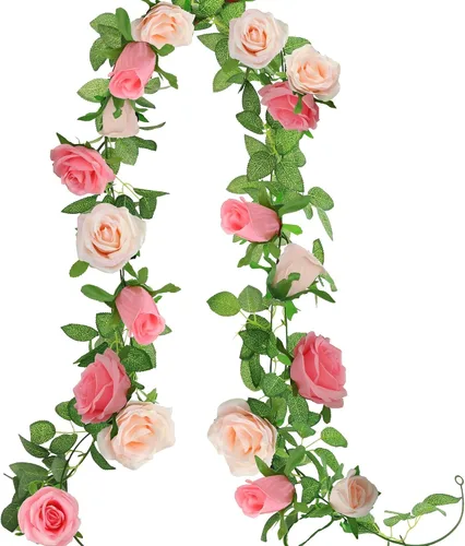 Vista 15 de GREENTIME - Guirnalda de flores artificiales 2 unidades, 4 metros de vid de rosas falsas, 9 cabezas de rosas, para arco de boda, centro de mesa