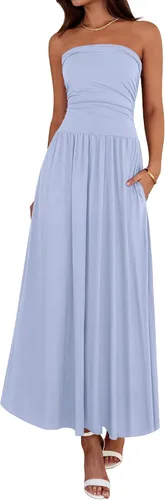 Vista 12 de BTFBM Vestidos largos de verano para mujer, vestido sin tirantes Marrón