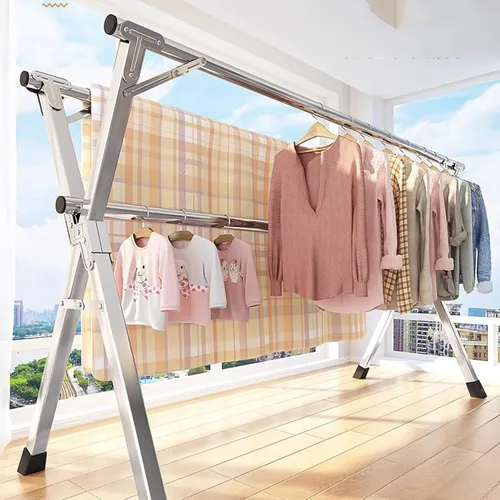 Vista 2 de Clothes Drying Rack, Heavy Duty Stainless Steel Folding Laundry Rack for Indoor Outdoor Use, Retractable Coat Hanger for Clothes, Blankets, Bed