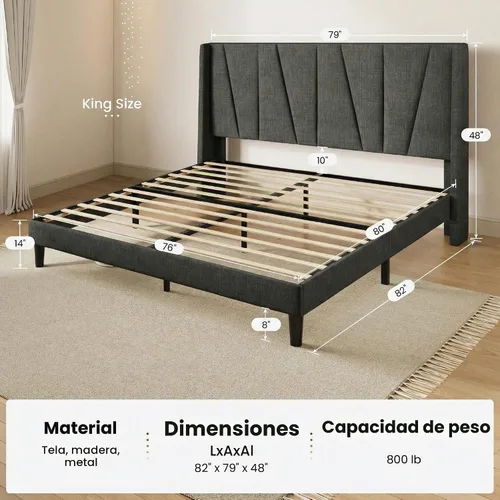 Vista 2 de SHA CERLIN - Base de cama tapizada King con cabecero, color gris oscuro
