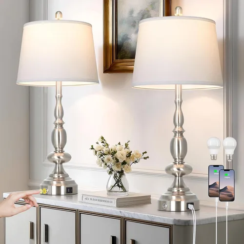 Vista 11 de Juego de 2 lámparas de mesa estilo granja, lámparas de noche vintage con puertos de carga USB A+C y salida de CA, lámpara rústica de 26 pulgadas