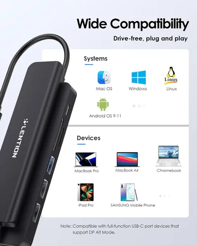 Vista 7 de LENTION Hub USB C con carga de 100 W, HDMI 4K a 60 Hz, lector de tarjetas dual, USB 3.0 y 2.0 compatible con MacBook Pro 2025-2016, nuevo Mac