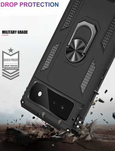 Vista 4 de IKAZZ Funda adecuada para Google Pixel 6, grado militar, a prueba de golpes, resistente, para pasar la prueba de caída de 16 pies con soporte Negro