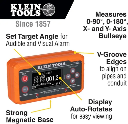 Vista 3 de Klein Tools 935DAGL Buscador de Ángulos de Nivel Digital con Ángulos Programables, Mide 0-90 y 0-180 Grados o Rangos de Ojo de Buey de Doble Eje