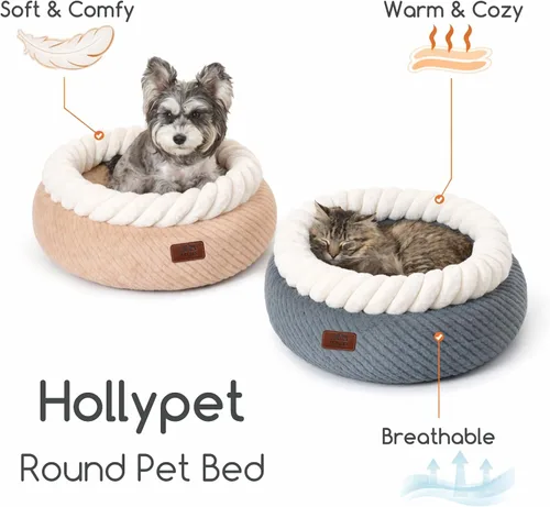 Vista 8 de Hollypet Cama redonda para gatos, camas pequeñas para perros con cojín Gris y Blanco