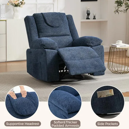 Vista 4 de Silla reclinable mecedora de gran tamaño para adultos, silla reclinable giratoria de 360°, sofá individual con masaje por vibración y calefacción