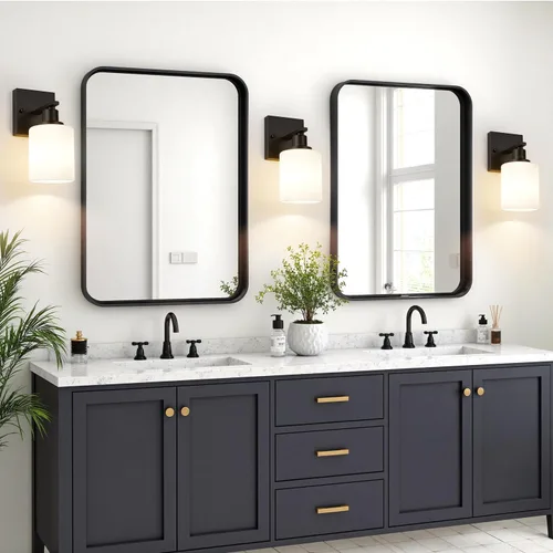 Vista 6 de MOKATNG Juego de 2 apliques de pared para baño, luces de tocador modernas negras con pantalla de vidrio blanco, lámpara de pared de baño