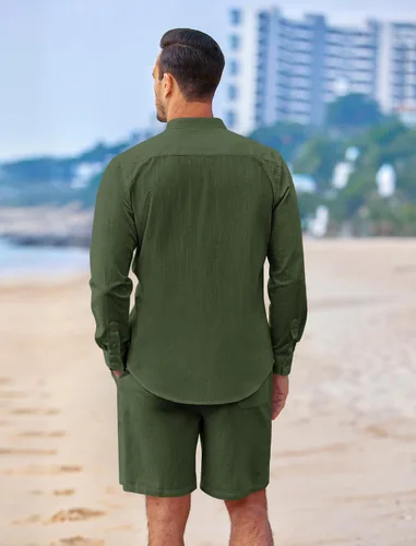 Vista 2 de COOFANDY Conjuntos de lino para hombre, 2 piezas, camisa de manga larga y pantalones cortos casuales con cordón en la cintura, trajes de verano