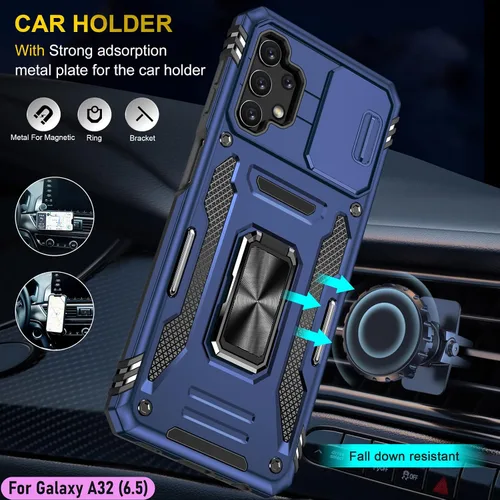 Vista 8 de Funda resistente para Samsung Galaxy A32 (5G), protector híbrido de goma de doble capa de grado militar con protector de cámara deslizante, soporte
