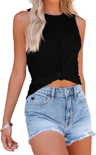 Vista 3 de BESFLY Camiseta sin mangas para mujer, cuello redondo, ajuste holgado, ligera, con bolsillo