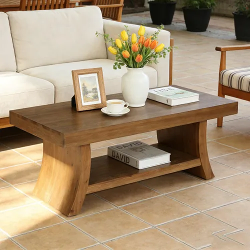 Vista 6 de Mesa de centro de granja con estante de almacenamiento, mesas de centro modernas de madera maciza de mediados de siglo con base curvada, mesa