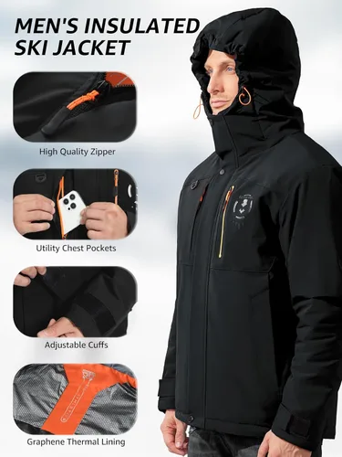 Vista 3 de Chaqueta térmica impermeable a prueba de viento para hombre, con capucha, aislada, ligera, abrigo de nieve de invierno con múltiples bolsillos
