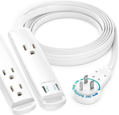 Vista 17 de Maximm Cable de extensión de 1 pie con puertos USB, enchufe plano giratorio 360, 3 salidas (2 puertos USB), conectado a tierra (negro)