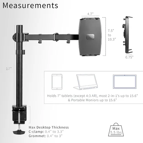 Vista 3 de VIVO Soporte universal de escritorio para tableta, adaptador de brazo único para portátiles 2 en 1, soporta monitores portátiles de hasta 15.6