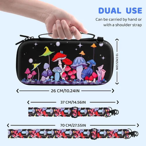 Vista 6 de HYPERCASE Cute Carrying Case Set for Nintendo Switch Accessories, Magical Mushroom Hard Travel Storage Bag with Glitter Protective Cover Skin for