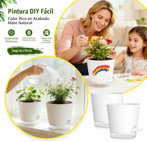 Vista 6 de Macetas de riego automático de 8 pulgadas, paquete de 2 macetas de plástico con agujeros de drenaje y platillos transparentes, macetas de plástico